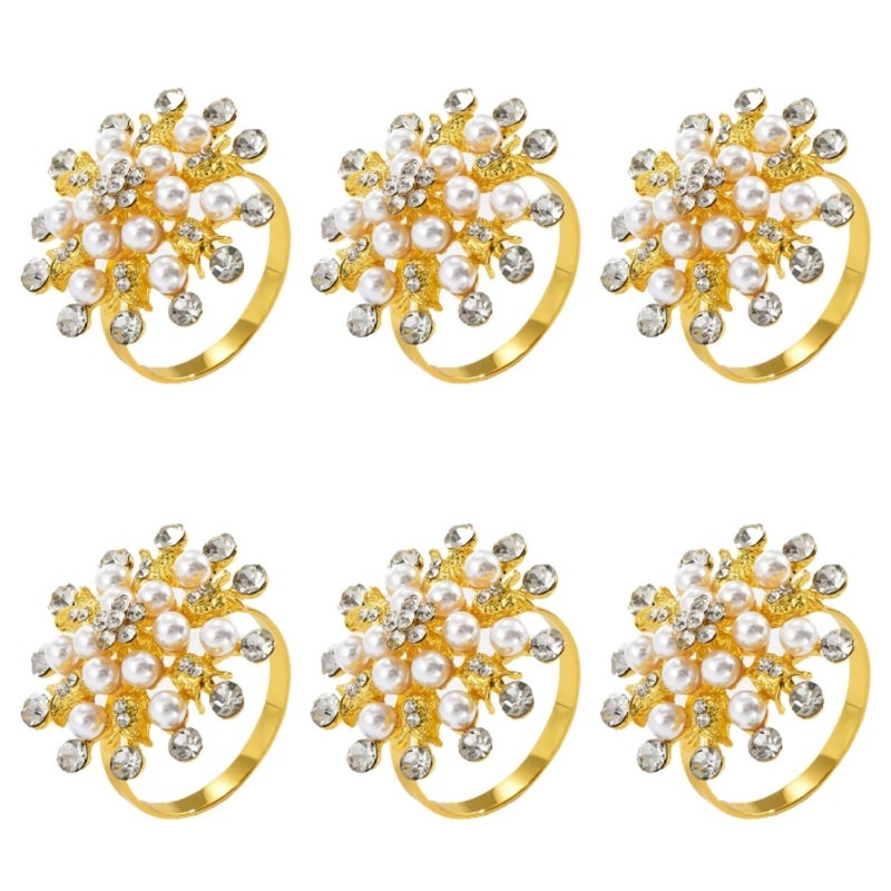 Joyindecor Gold Napkin Rings Set of 6 - Snowflake Pearl Rhinestone Napkin Ring Holder for Wedding Party Home Kitchen Dining Table Linen Accessories (Golden) - Image 1